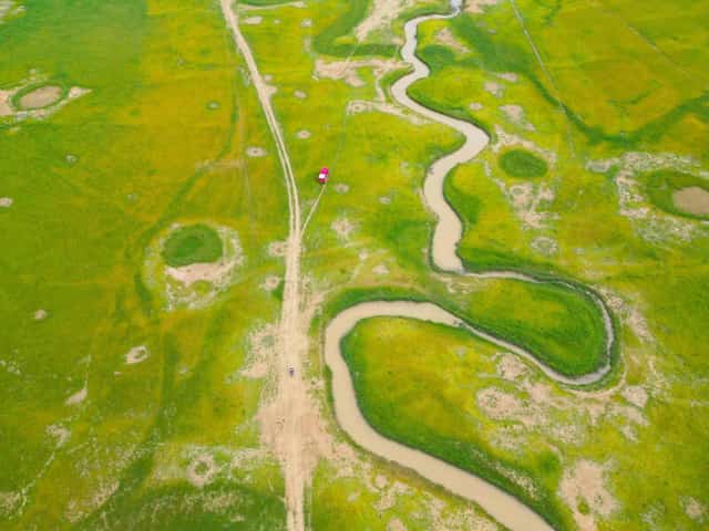 Tri An Lake in green grass season
