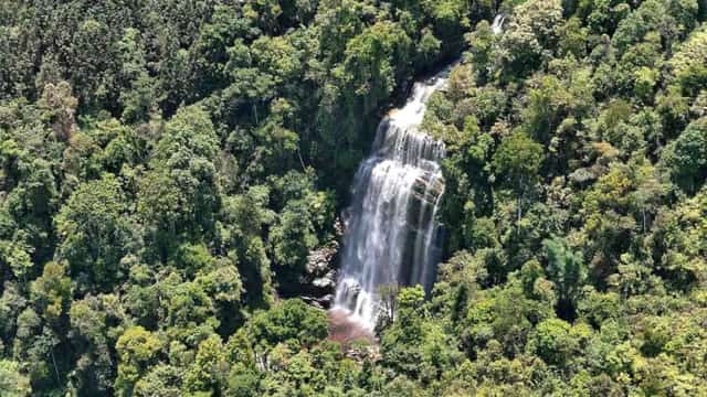Amidst lush, emerald forests, the waterfall appears like the long, flowing hair of a young woman