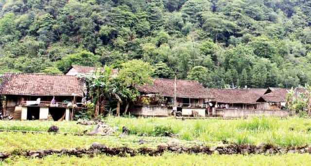 竹林の間にひっそりと姿を見せる、山岳少数民族の高床式家屋。