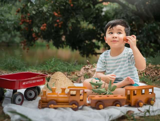 Em bé vui chơi với mô hình tàu hỏa và thưởng thức những quả vải chín mọng