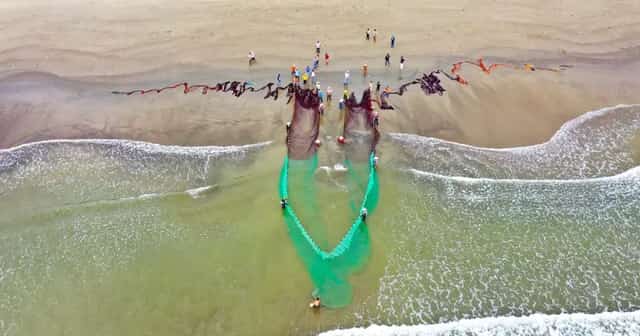 Welcoming the sunrise with fishermen pulling nets at My Khe beach, Quang Ngai