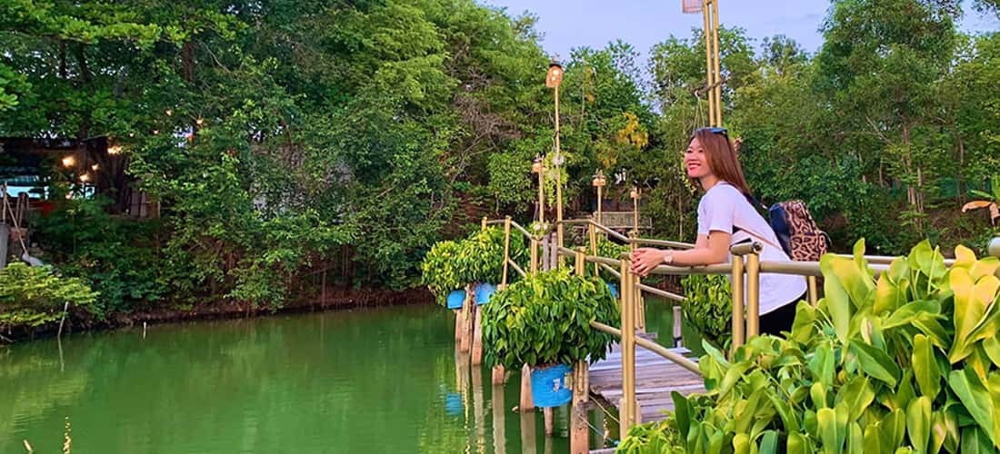 Dọc lối đi trong khu du lịch là hàng cây xanh rợp bóng mát