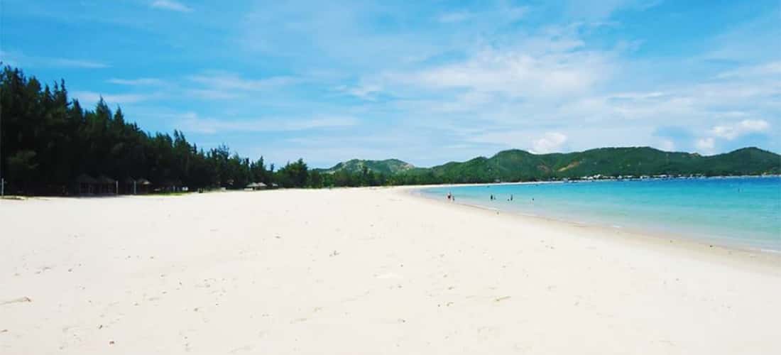 Bãi biển Vịnh Hoà hiện lên trong mắt du khách là một bãi biển xinh đẹp với bãi cát trắng mịn, những con sóng êm đềm nối đuôi nhau xô vào bờ.