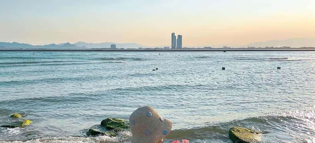 海浪轻轻地拍打着庆海堤。
