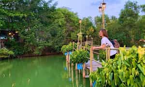 Dọc lối đi trong khu du lịch là hàng cây xanh rợp bóng mát